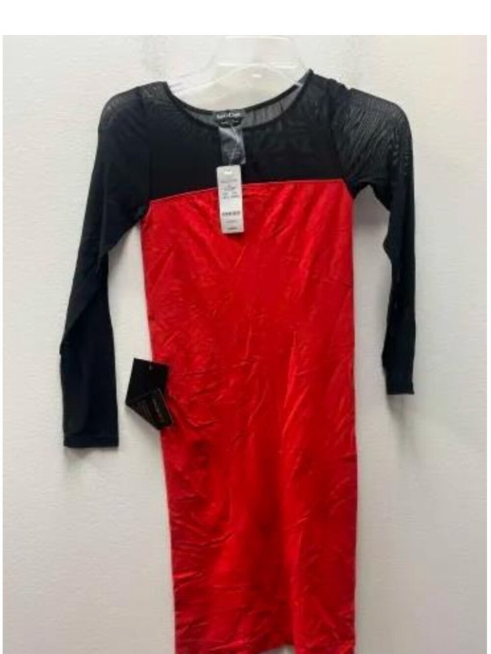 NWT Bebe Red Black Colorblock Dakota Mesh Inset Bodycon Dress M/L